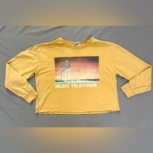 MTV Music TV Retro Cropped Long Sleeve Graphic Tee Mustard Yellow Size Small